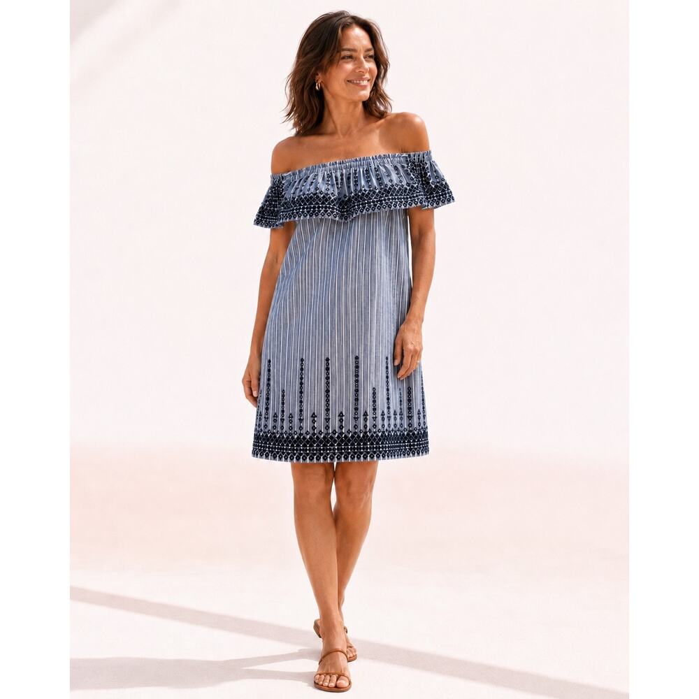 Parker NY Damaris Chambray Off Shoulder Embroidered Mini Dress S Boho